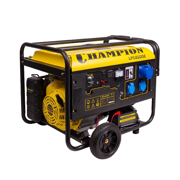 Генератор Champion LPG 6500E, бензин+газ 5/5,5 кВт, 16 л.с., 25 л, 12 В, эл.стартер, счетчик колеса