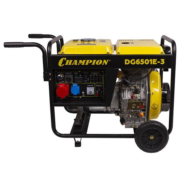 Генератор дизельный CHAMPION DG6501E-3, 6,2/6,8 кВт., 8,9 л.с.,бак 12,5 л., 1,7 л/ч, 12V., эл.старт,колеса, счетчик